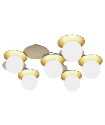 Plafon Moderno Biene Dourado com 6 globos leitosos, ideal para cozinha gourmet, quarto, sala de jantar, escritório e lavabo. Lustres Gênesis loja online de Lustres e Iluminação Decorativa